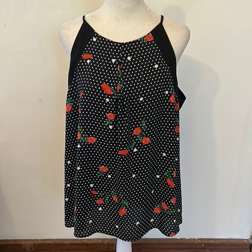 Serein black white polka dot red rose blouse Size L